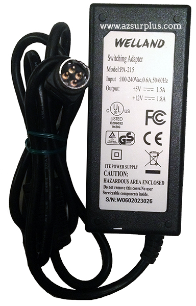 WELLAND PA-215 AC ADAPTER +5VDC 1.5A +12V 1.8A 4PIN 10mm ITE POWER SUPPLY WELLAND PA-215 AC ADAPTER +5VDC 1.5A +12V 1.8A 4PIN 10mm ITE POWER SUPPLY